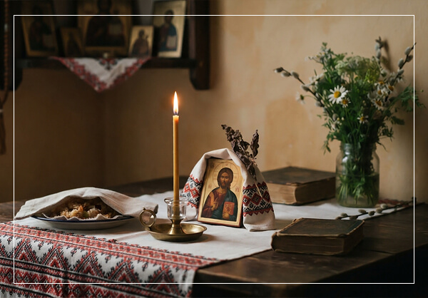 Православная поминальная свеча и спокойная домашняя обстановка, без изображения лица умершего
